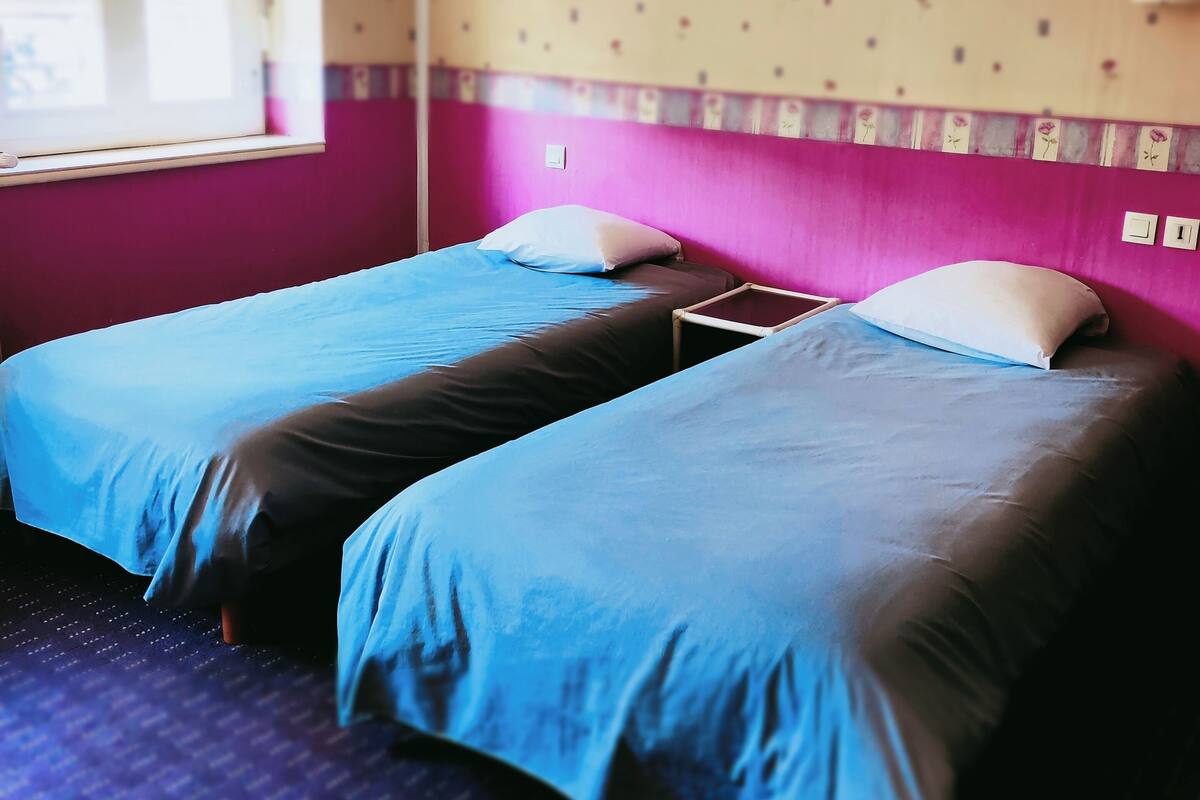 A room with two beds, a window, and a patterned wall.
