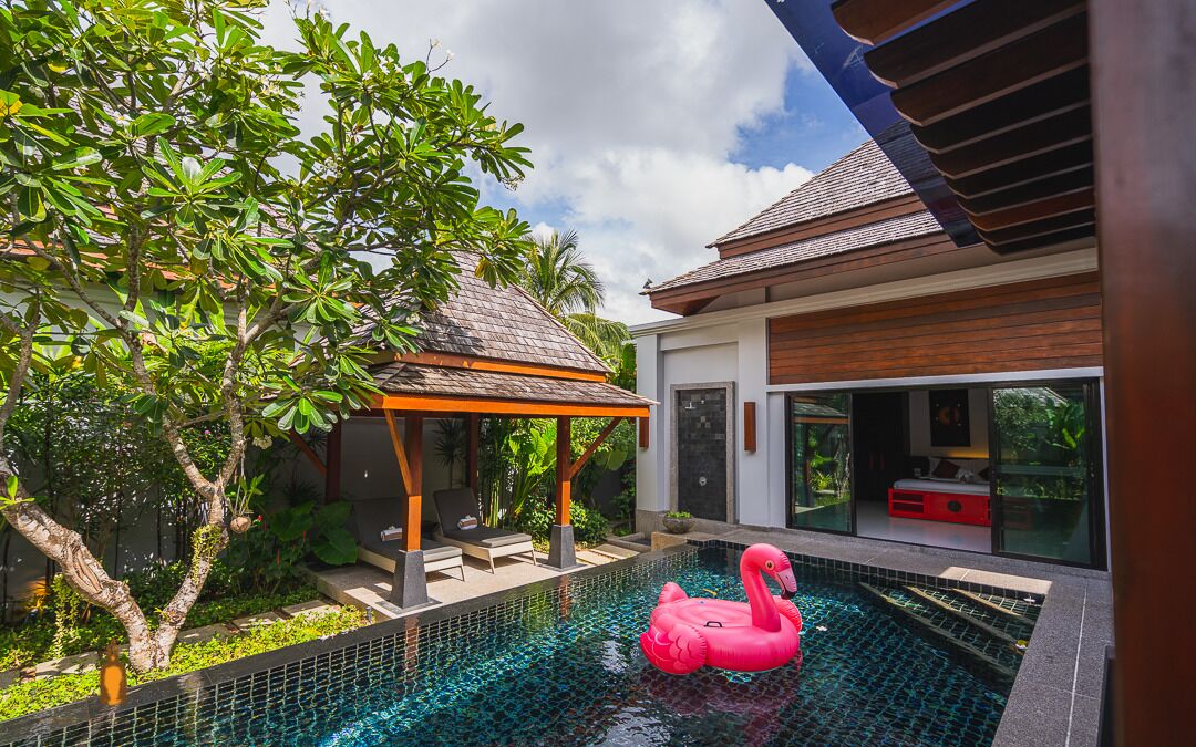 A modern house with a swimming pool, a wooden gazebo, and a pink flamingo float.