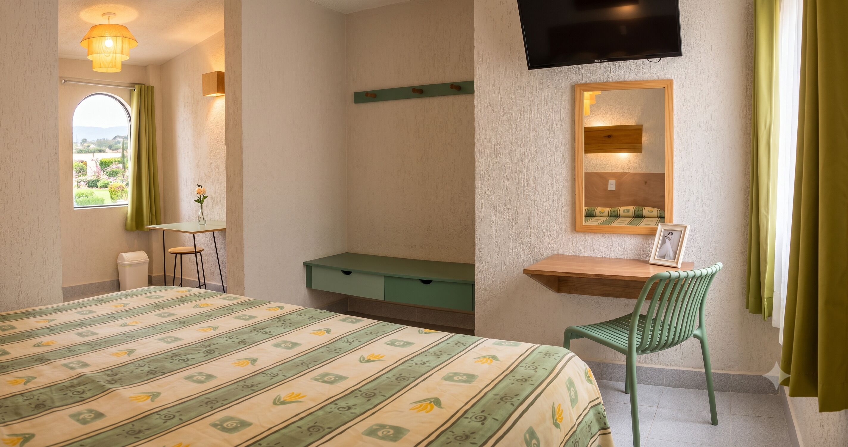Une chambre à coucher avec un lit, un bureau, une chaise, un téléviseur et une fenêtre avec des rideaux.
