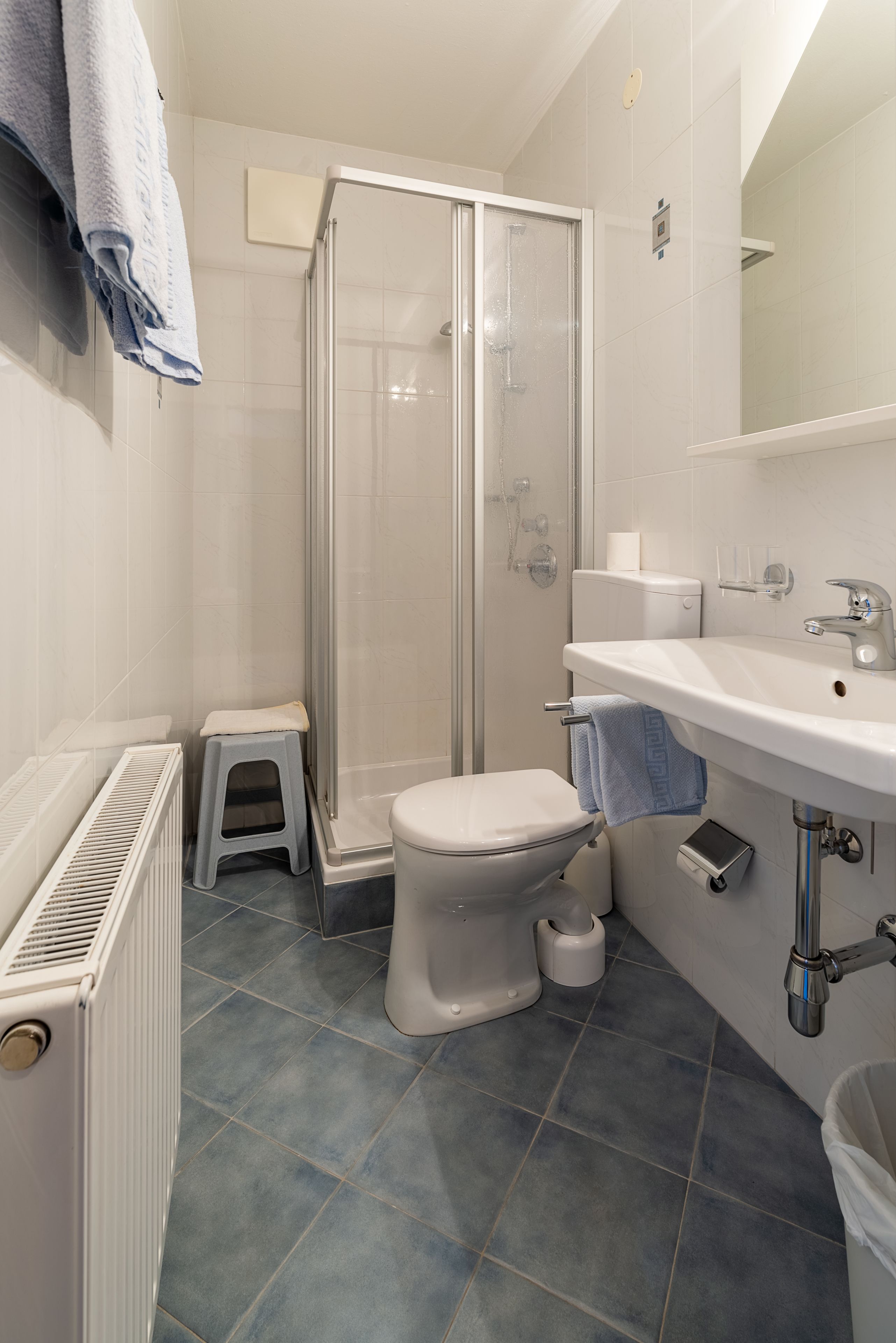 Ein Badezimmer mit Dusche, Toilette, Waschbecken und Heizkörper.