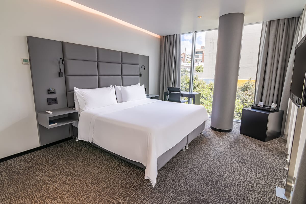 A hotel room with a large bed, a bedside table, a TV, and a view of the outdoors.