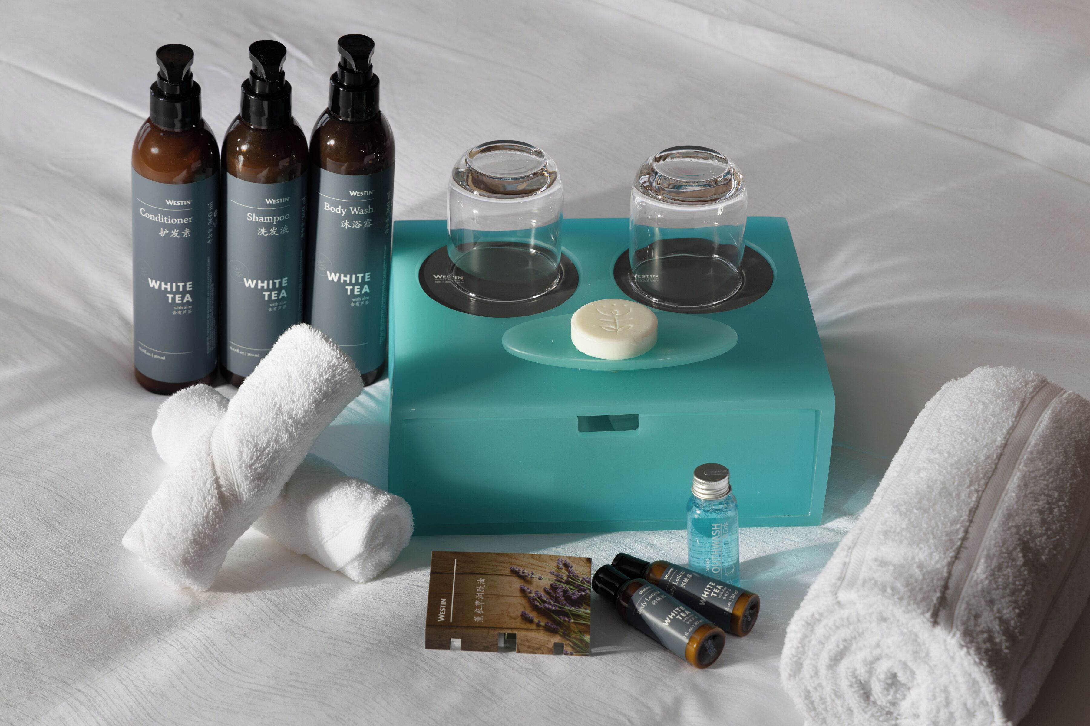 separate bathtub and shower, rainfall showerhead, hair dryer, bathrobes