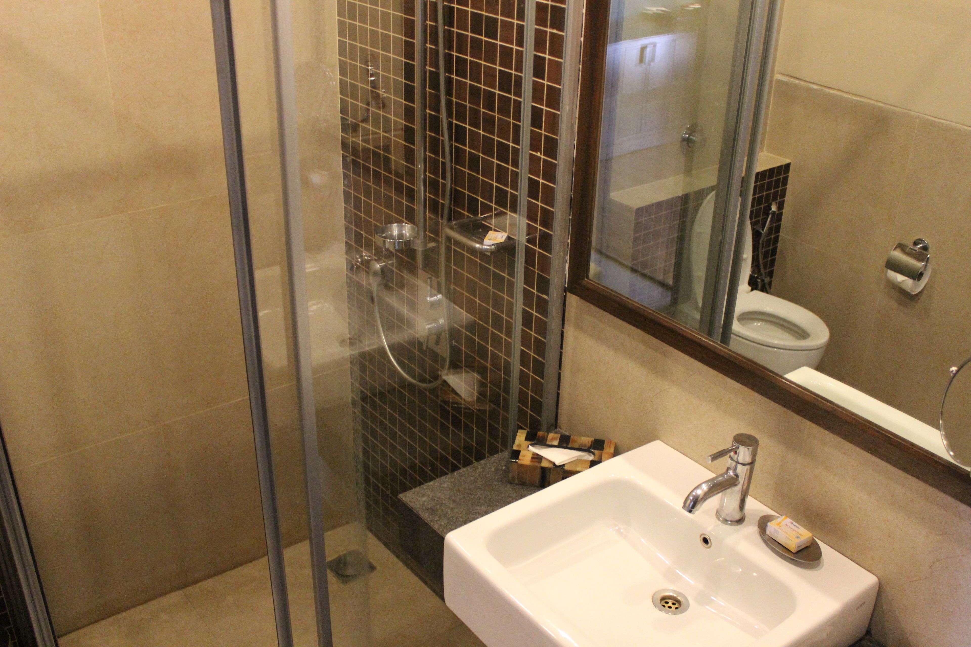 shower, designer toiletries, hair dryer, bathrobes