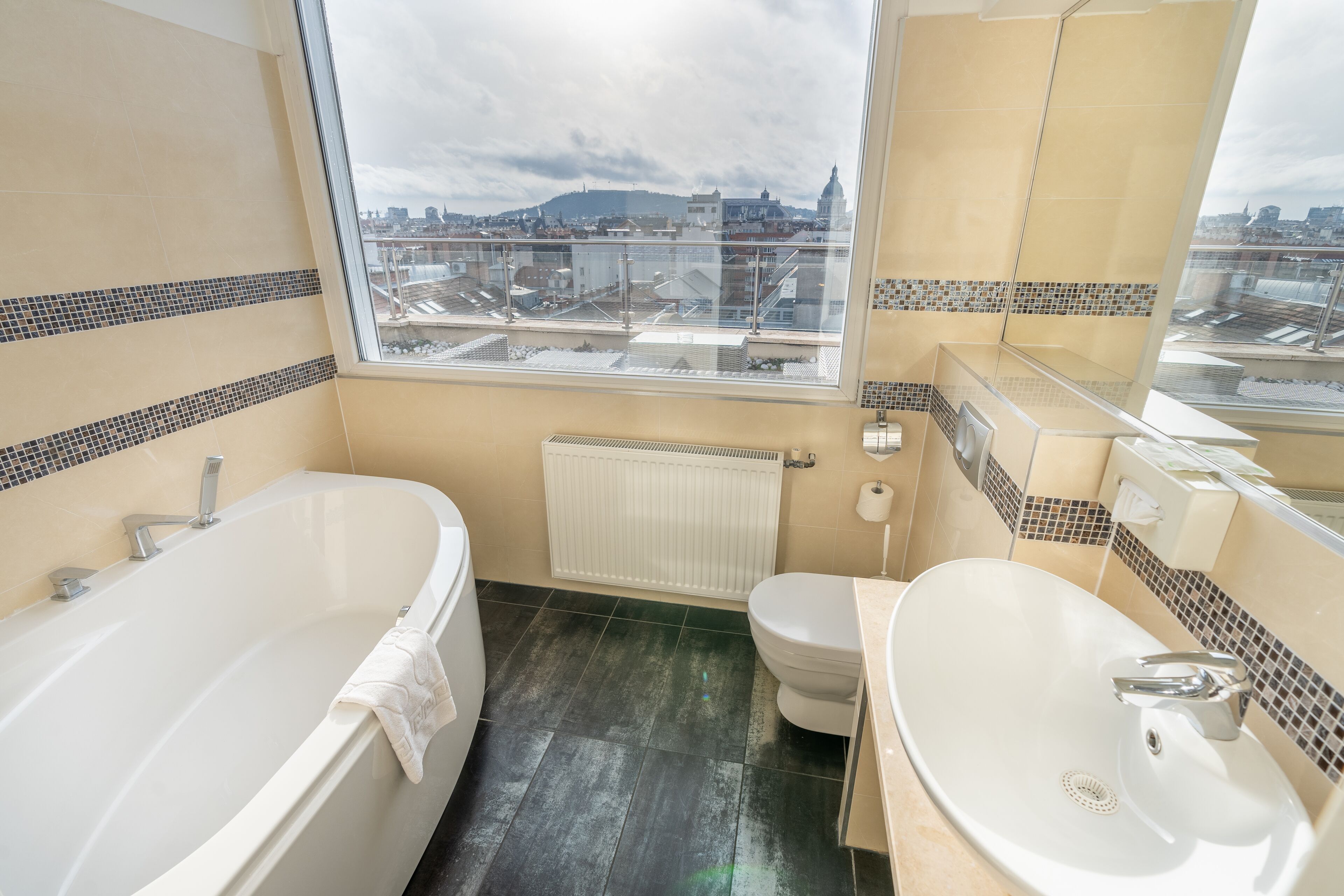 panoramic apartment, terrace | bathroom | eco-friendly toiletries, hair dryer, towels, soap