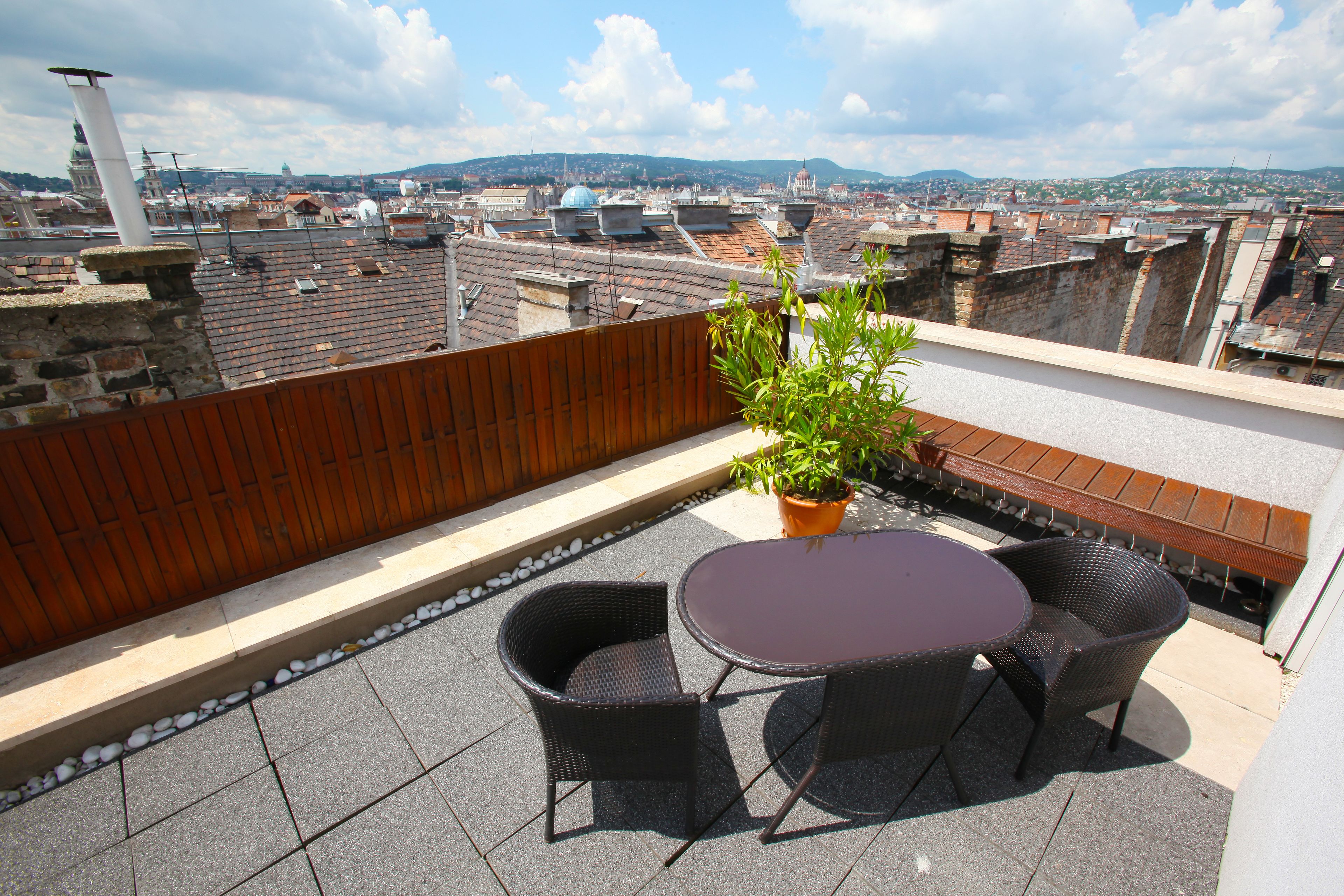 Una terrazza sul tetto con un tavolo, sedie, una pianta in vaso e vista sulla città.