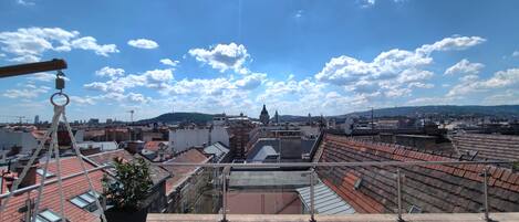 Una terraza en la azotea con vistas al paisaje urbano, incluyendo edificios y una colina distante.