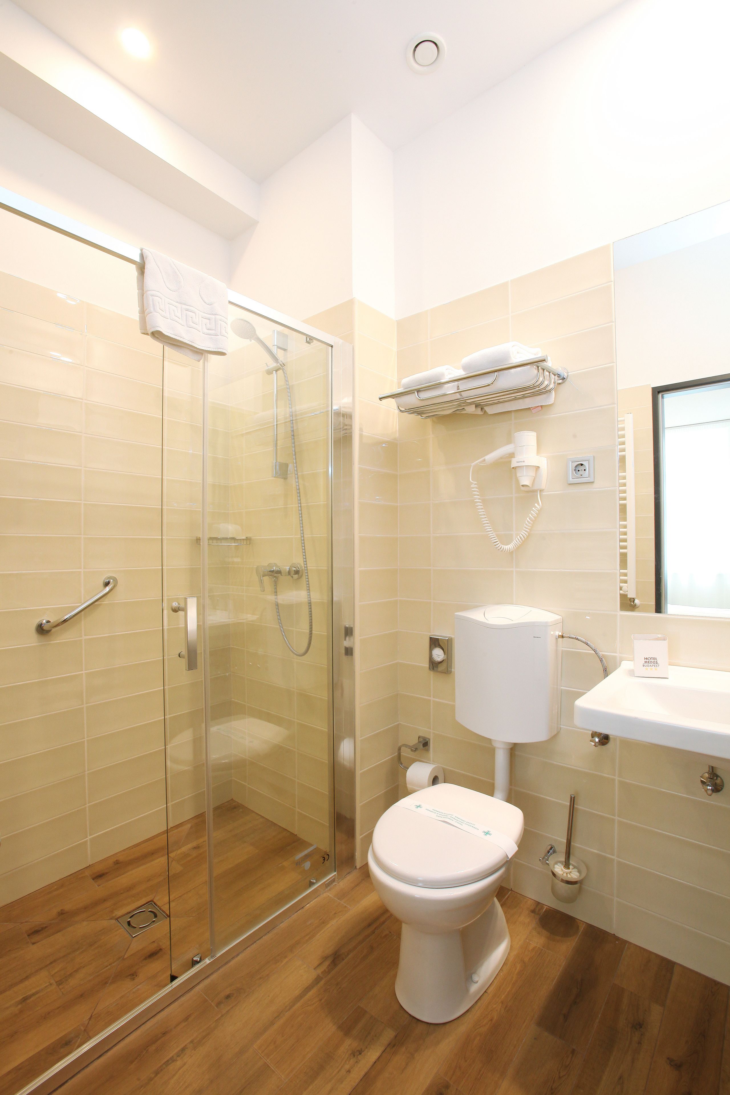 A modern bathroom with a glass shower enclosure, a toilet, and a sink.