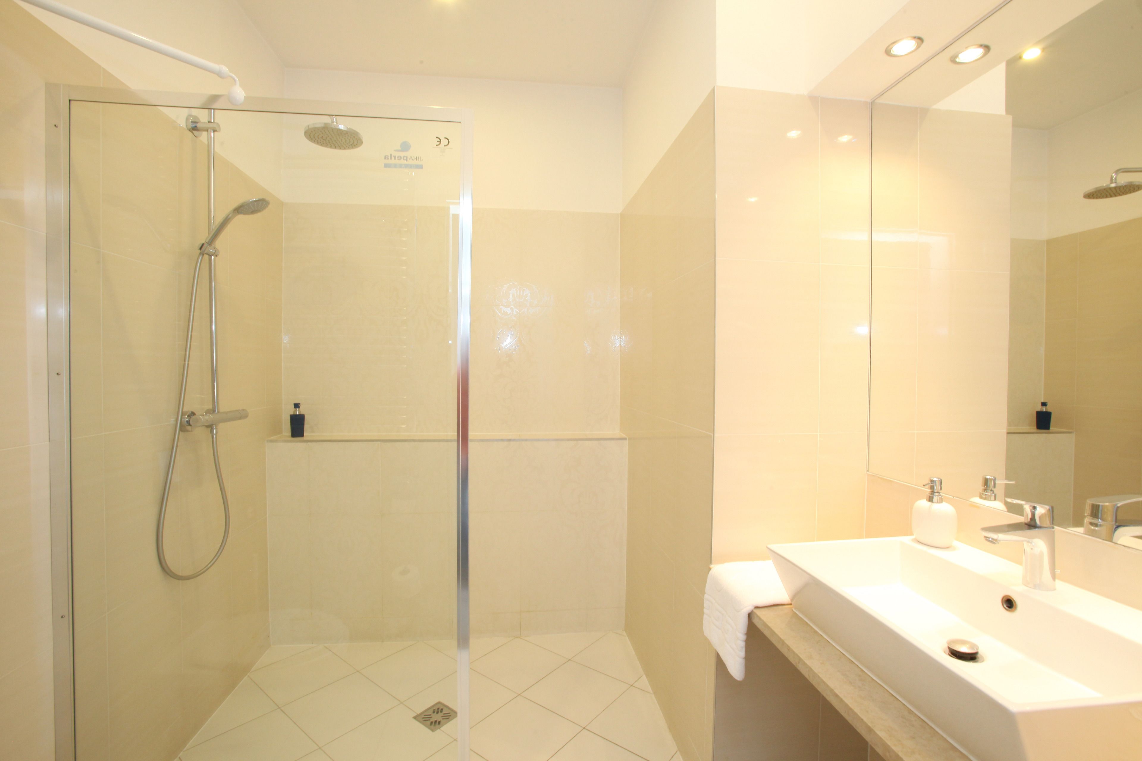 A modern bathroom with a glass-enclosed shower, a white sink, and a large mirror.