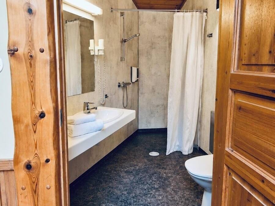A wooden-paneled bathroom with a shower, a sink, and a toilet.