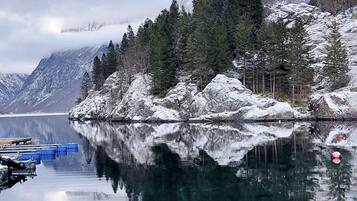 Un lago tranquilo con montañas nevadas y un bosque al fondo.