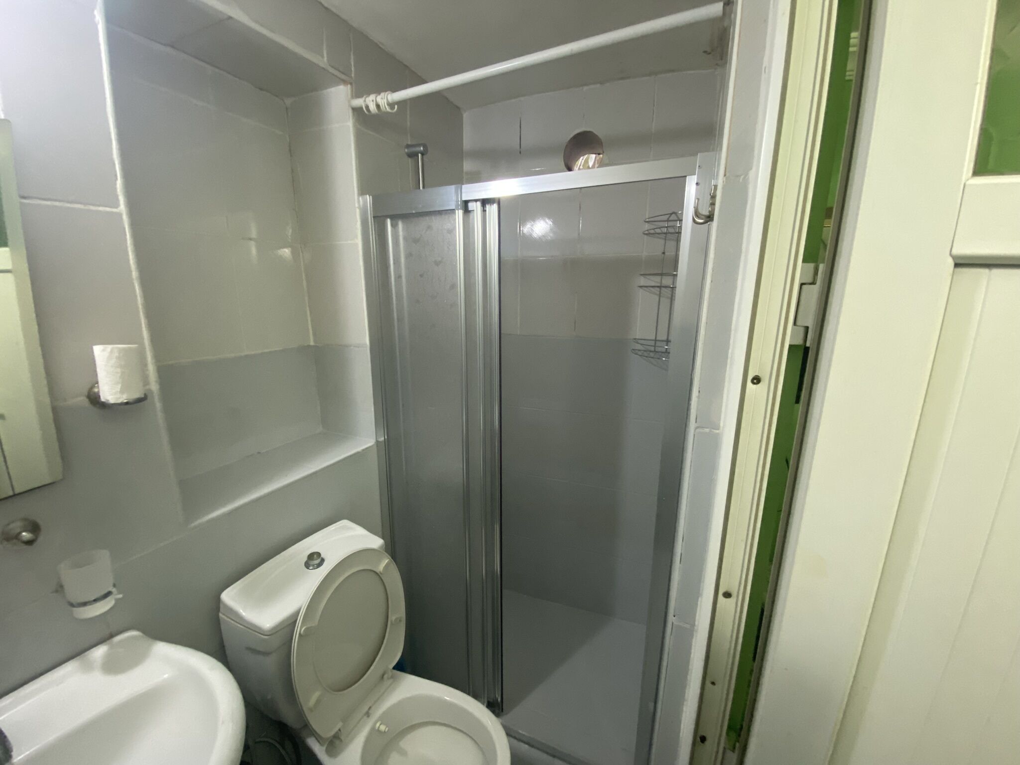 A bathroom with a toilet, a shower enclosure, and a mirror.