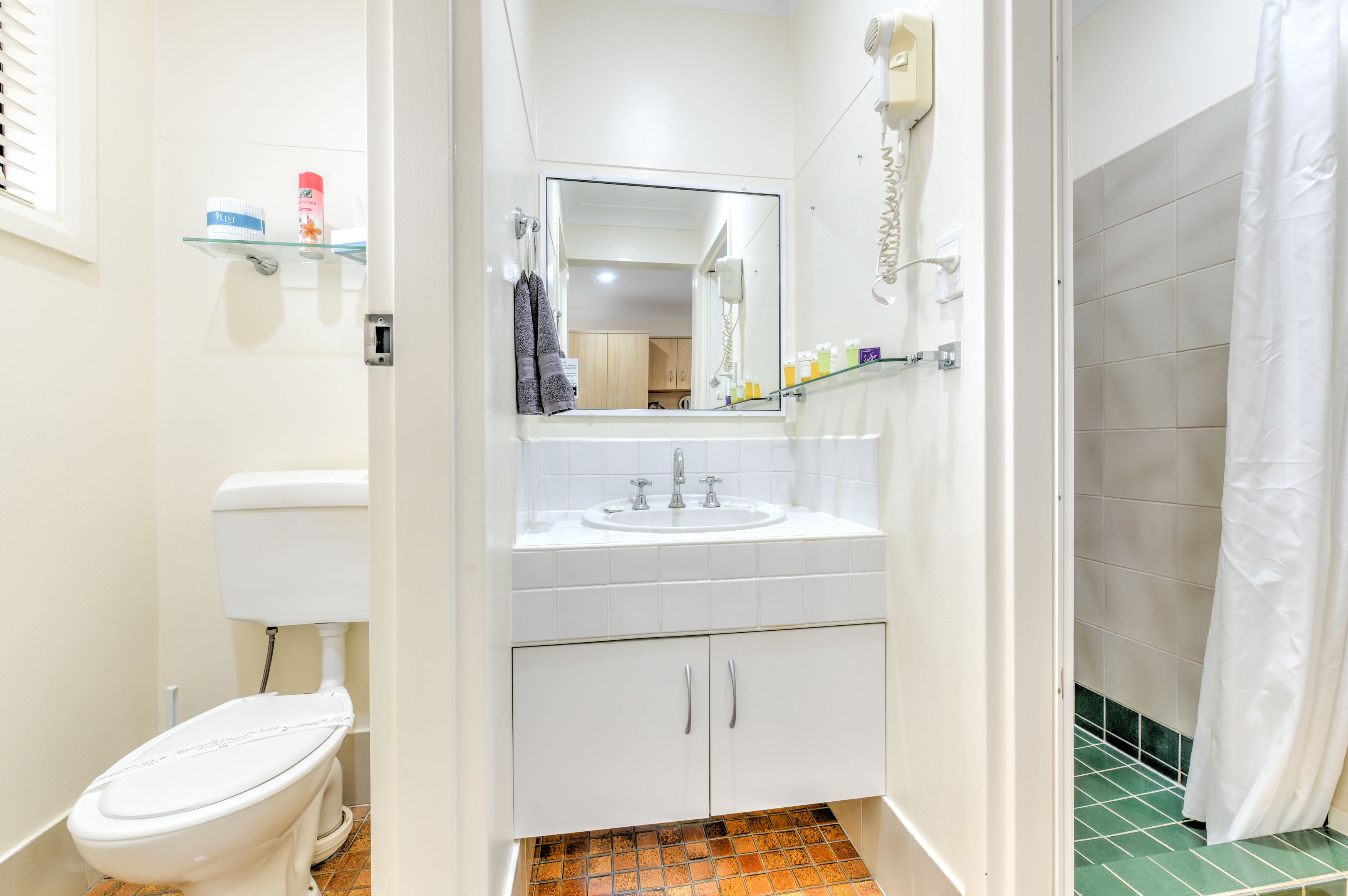 Une salle de bain équipée de toilettes, d’un lavabo, d’un miroir et d’un rideau de douche.