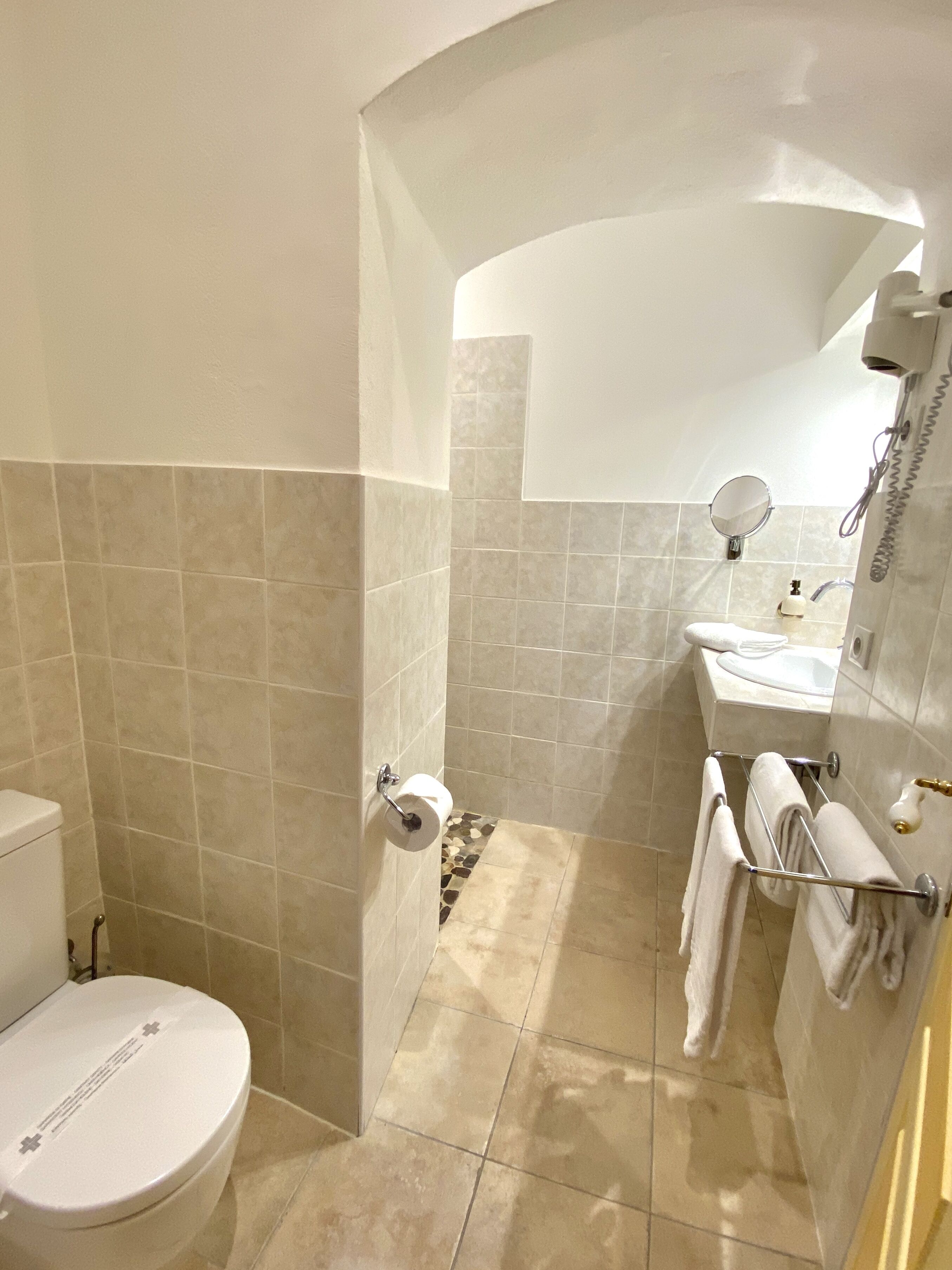 family room | bathroom | shower, free toiletries, hair dryer, towels