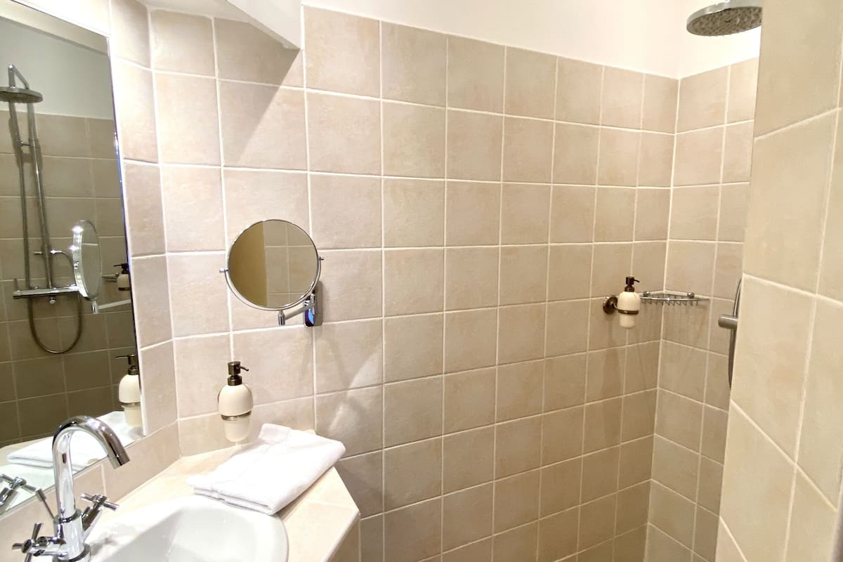 classic double room | bathroom | shower, free toiletries, hair dryer, towels