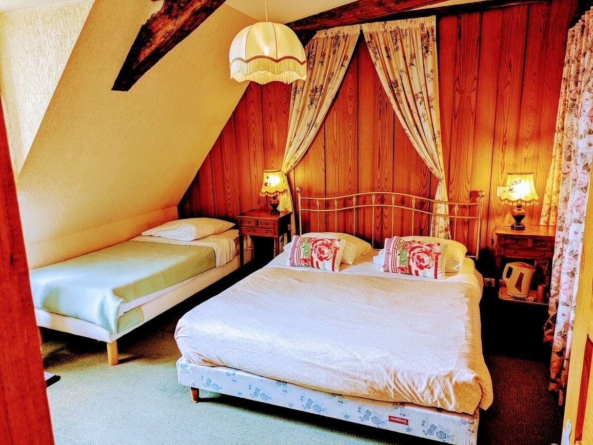 A bedroom with two beds, wooden walls, and a sloped ceiling.
