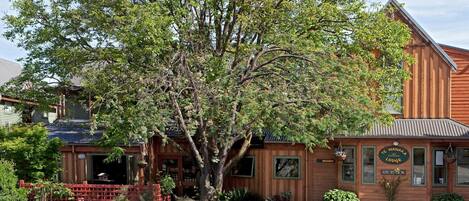 A wooden lodge with a large tree in front, a red fence, and a sign indicating a vacancy.