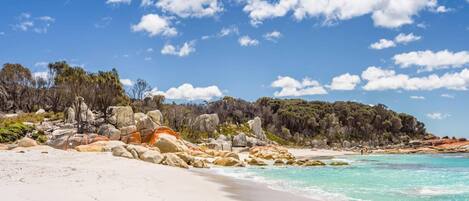 En strand med vit sand, kristallklart turkosfärgat vatten och klippiga utskjutande partier med gles vegetation.