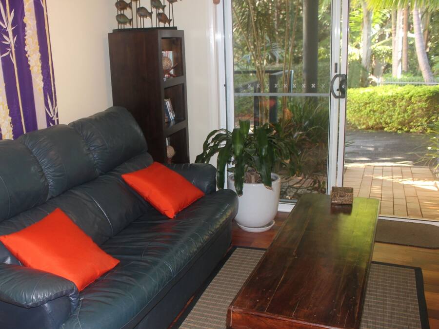 A living room with a black leather sofa, red cushions, a wooden coffee table, a white potted plant, and a bookshelf.