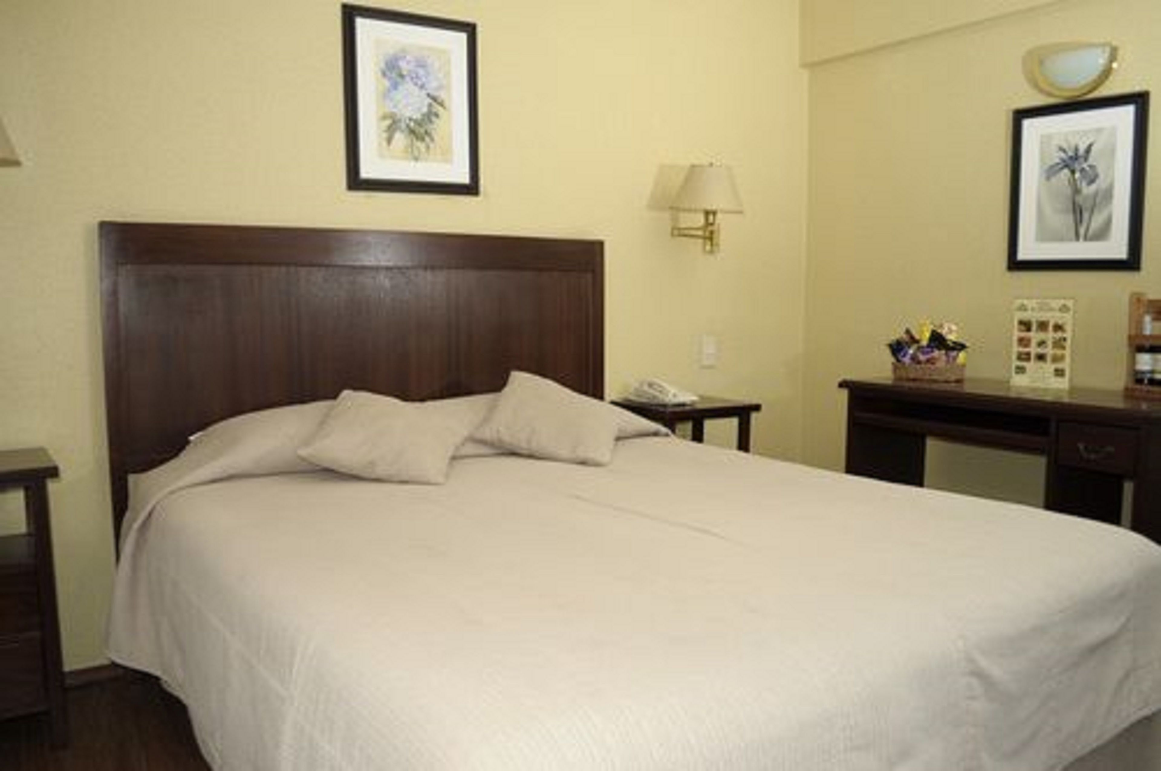 A neatly made bed with a wooden headboard, a bedside table with a lamp, and framed artwork on the walls.