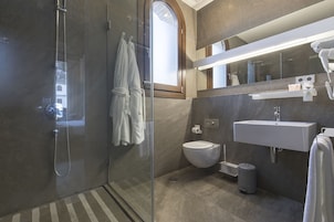 A modern bathroom with a glass-enclosed shower, a toilet, a sink, and a mirror.