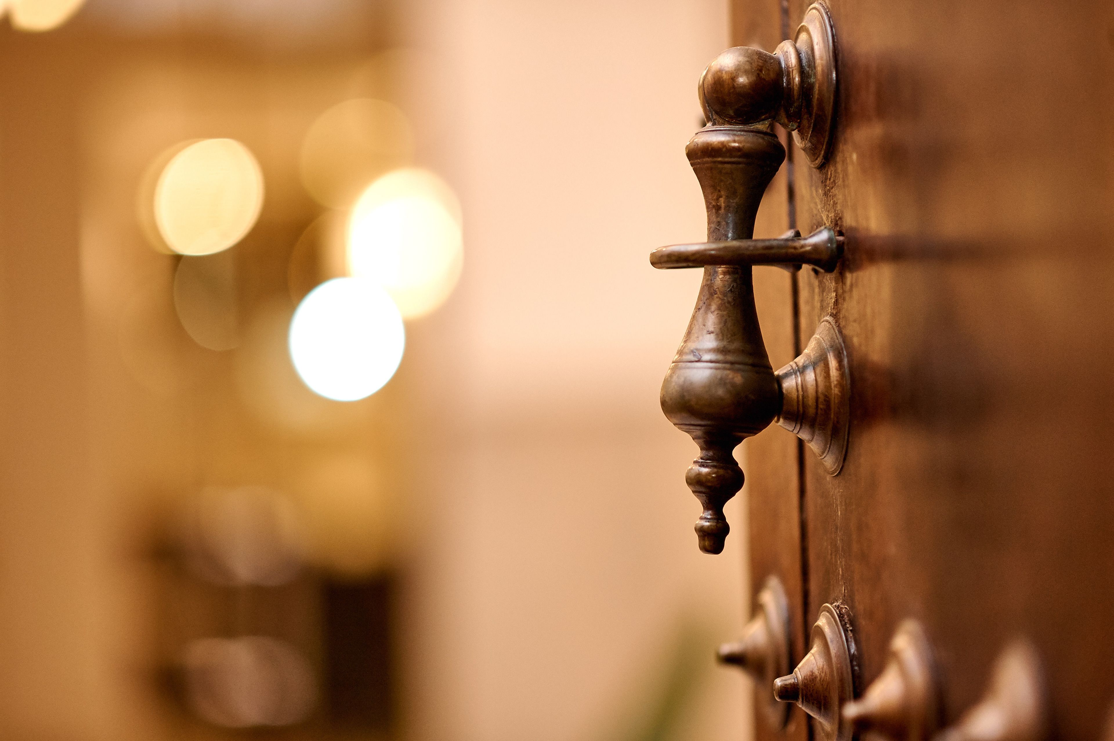 A close-up of a brass door handle on a wooden door.