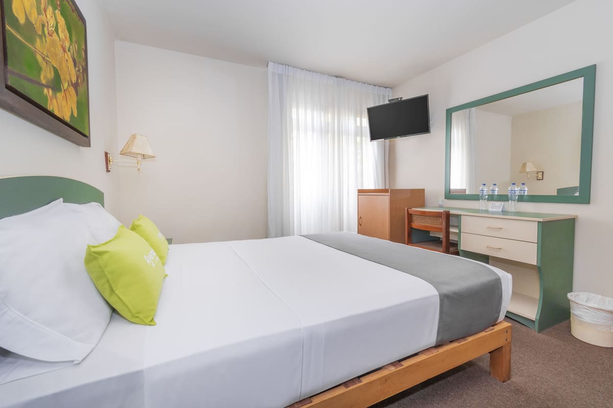 A hotel room with a bed, a desk, a chair, a television, a mirror, and a window with curtains.