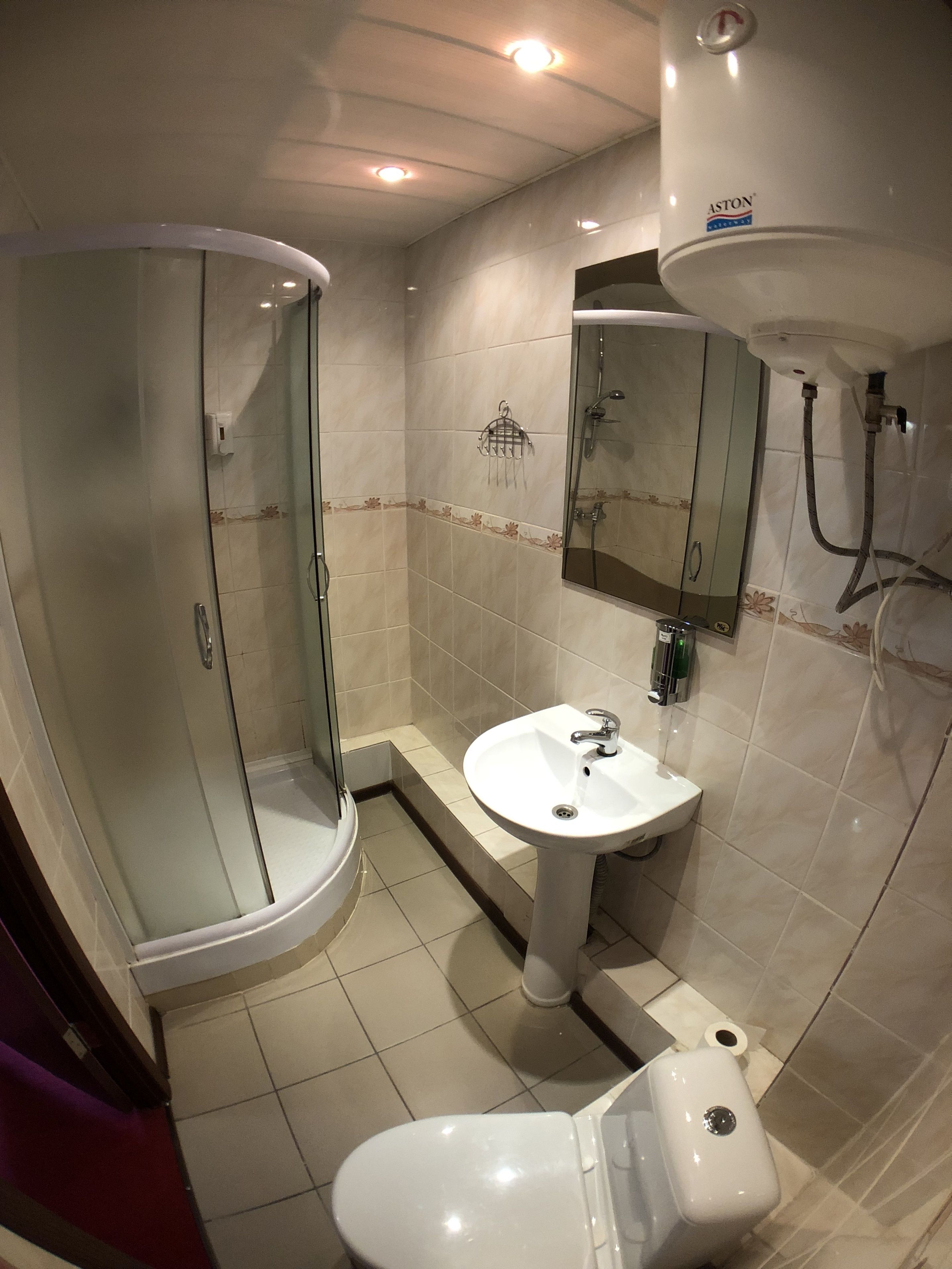 A bathroom with a glass-enclosed shower, a pedestal sink, and a toilet.