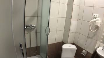 A bathroom with a glass-enclosed shower, a toilet, and a sink.