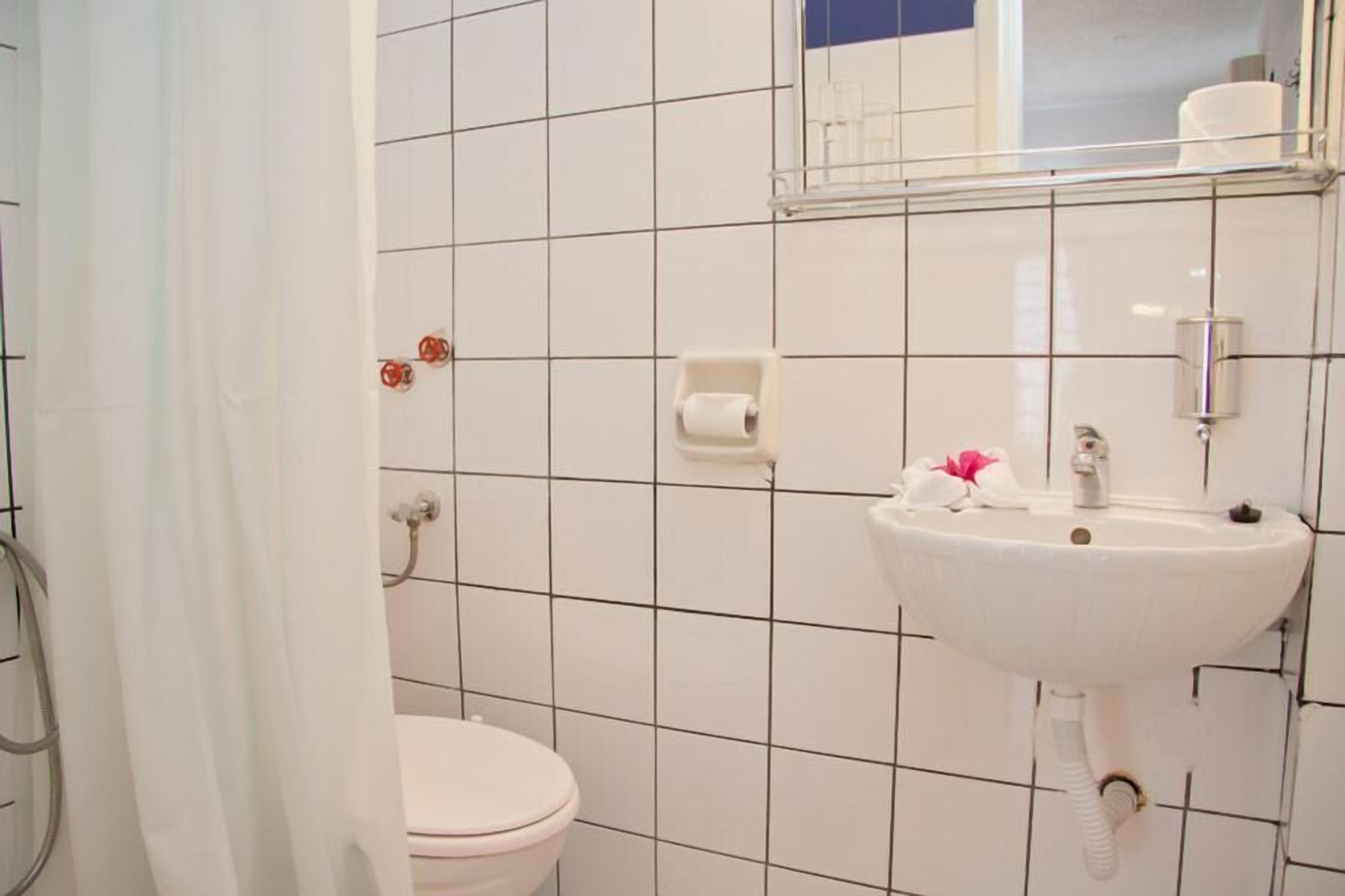 Une salle de bain avec des toilettes blanches, un lavabo surmonté d’un miroir et un rideau de douche partiellement tiré.