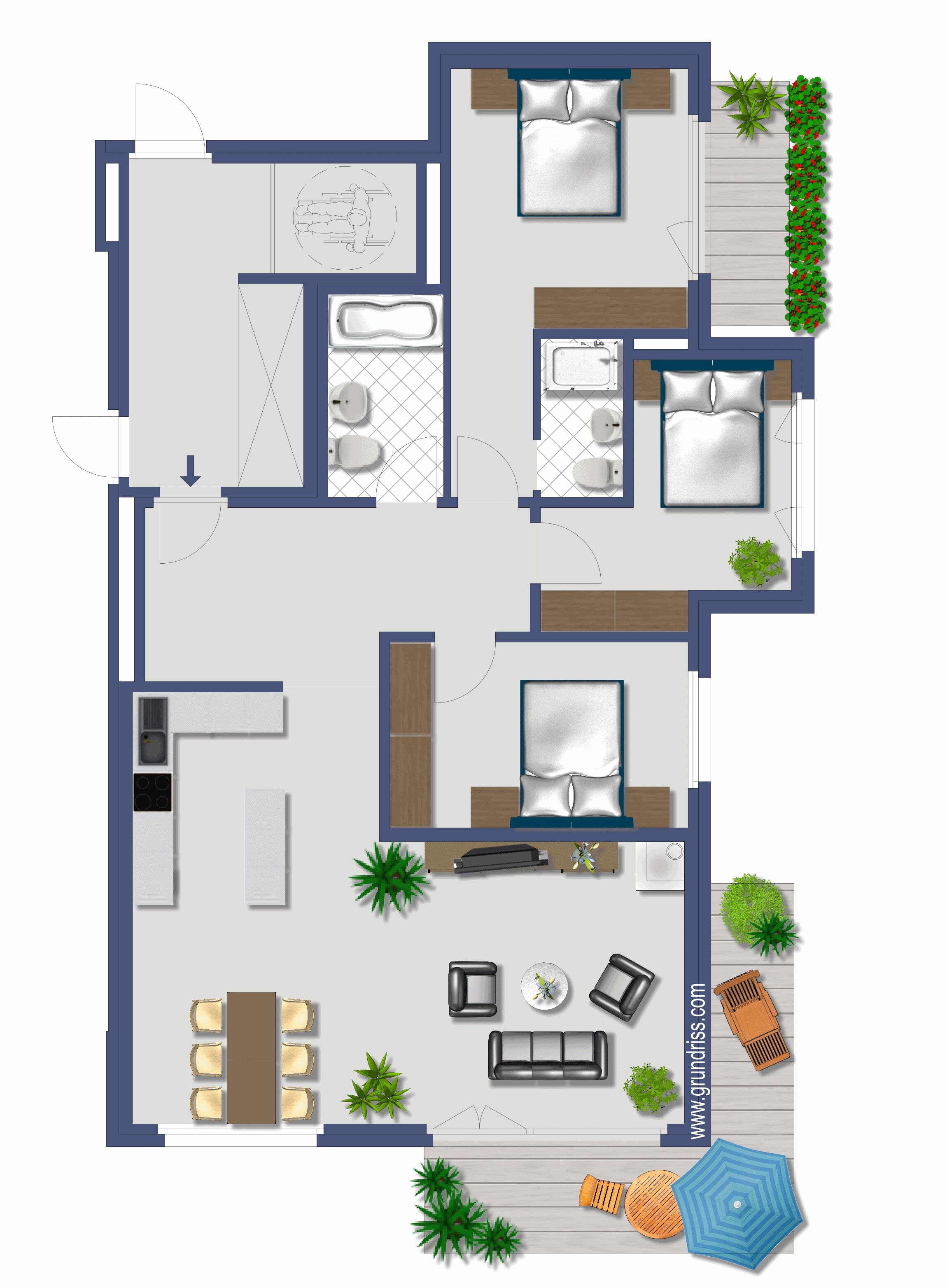Plano de planta de un apartamento moderno con cocina, dos dormitorios, un baño y sala de estar con sofá y mesa de comedor.