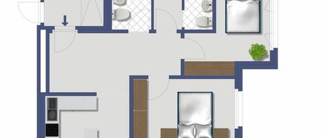 Plano de planta de un apartamento moderno con cocina, dos dormitorios, un baño y sala de estar con sofá y mesa de comedor.