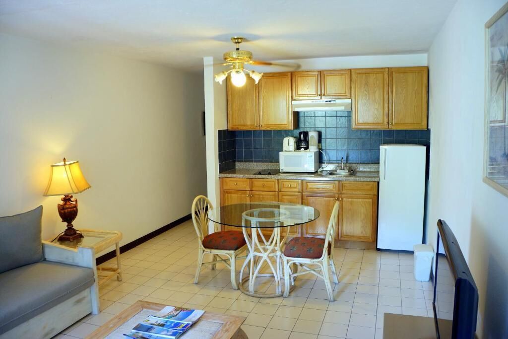 A compact living space with a kitchenette, a dining area with a glass table and chairs, a sofa, and a lamp.