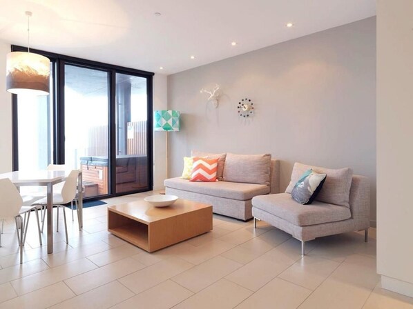 LCD TV, DVD player, iPod dock, pay films