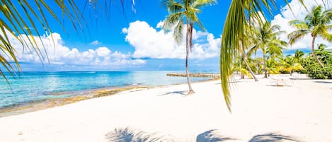 På stranden, vit sandstrand, solstolar och parasoller