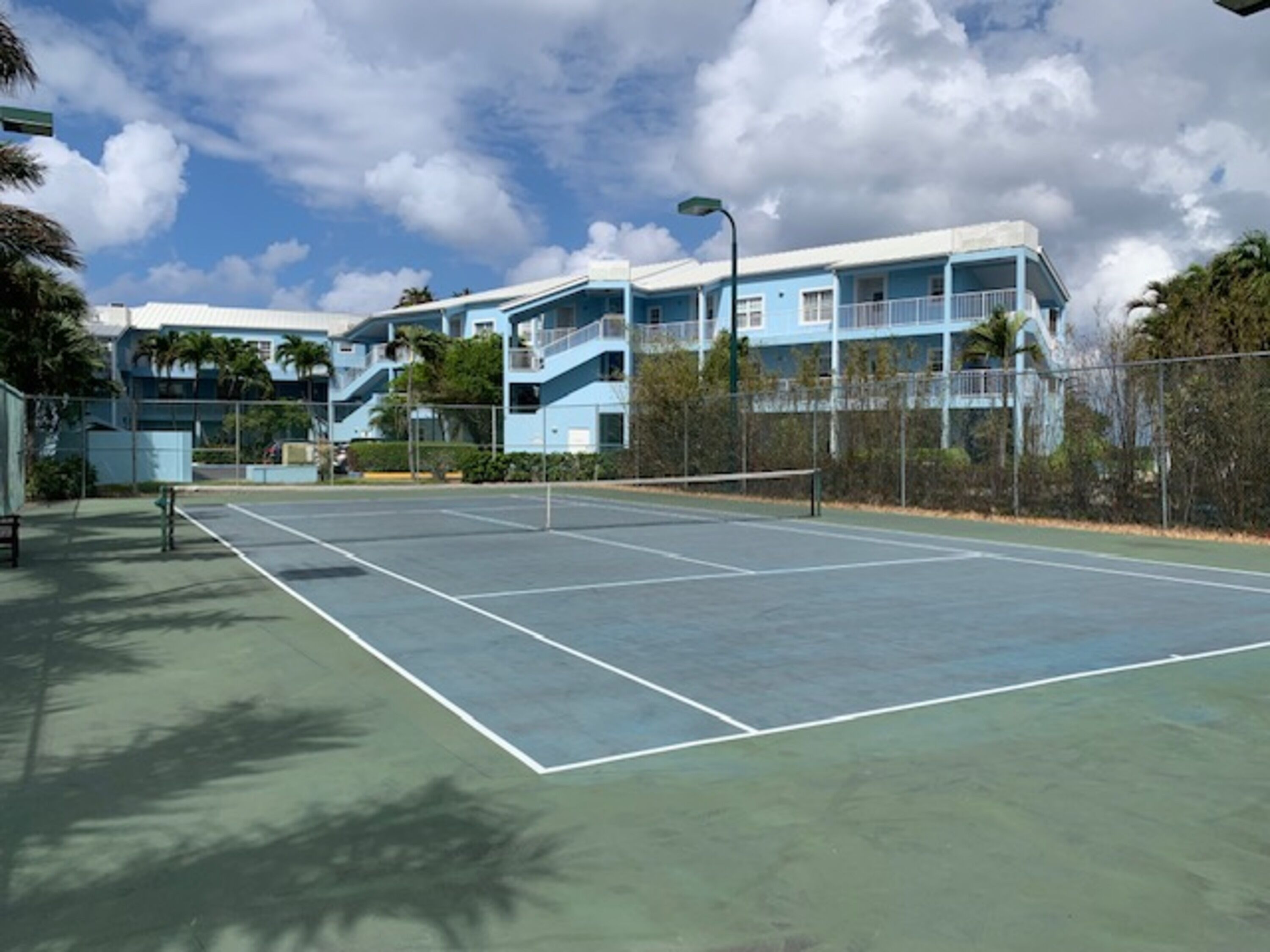An outdoor tennis court with a net, surrounded by a fence and palm trees.
