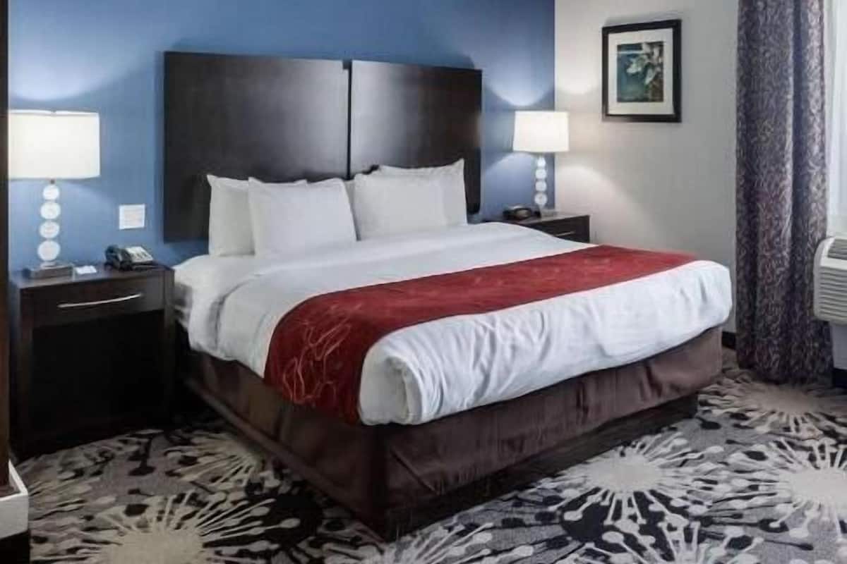 Une chambre d’hôtel avec un grand lit, une tête de lit sombre, deux tables de chevet avec des lampes, un tableau encadré au mur et une moquette à motifs.