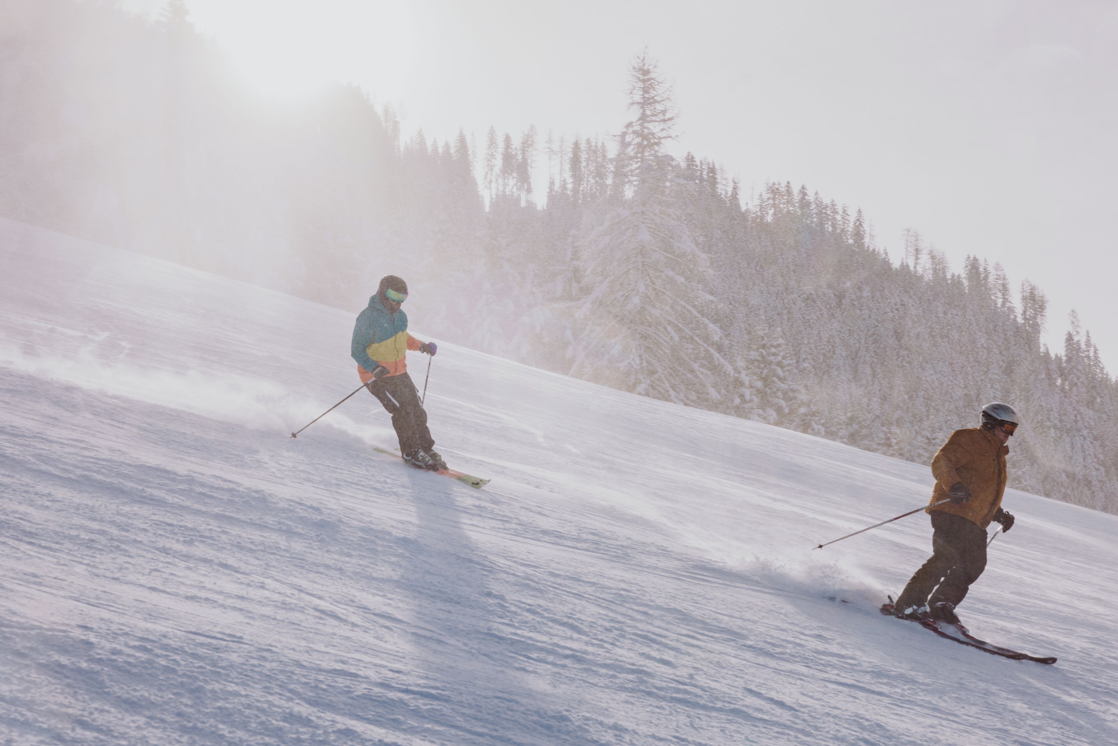 Zwei Skifahrer auf einem verschneiten Hang, im Hintergrund Bäume.