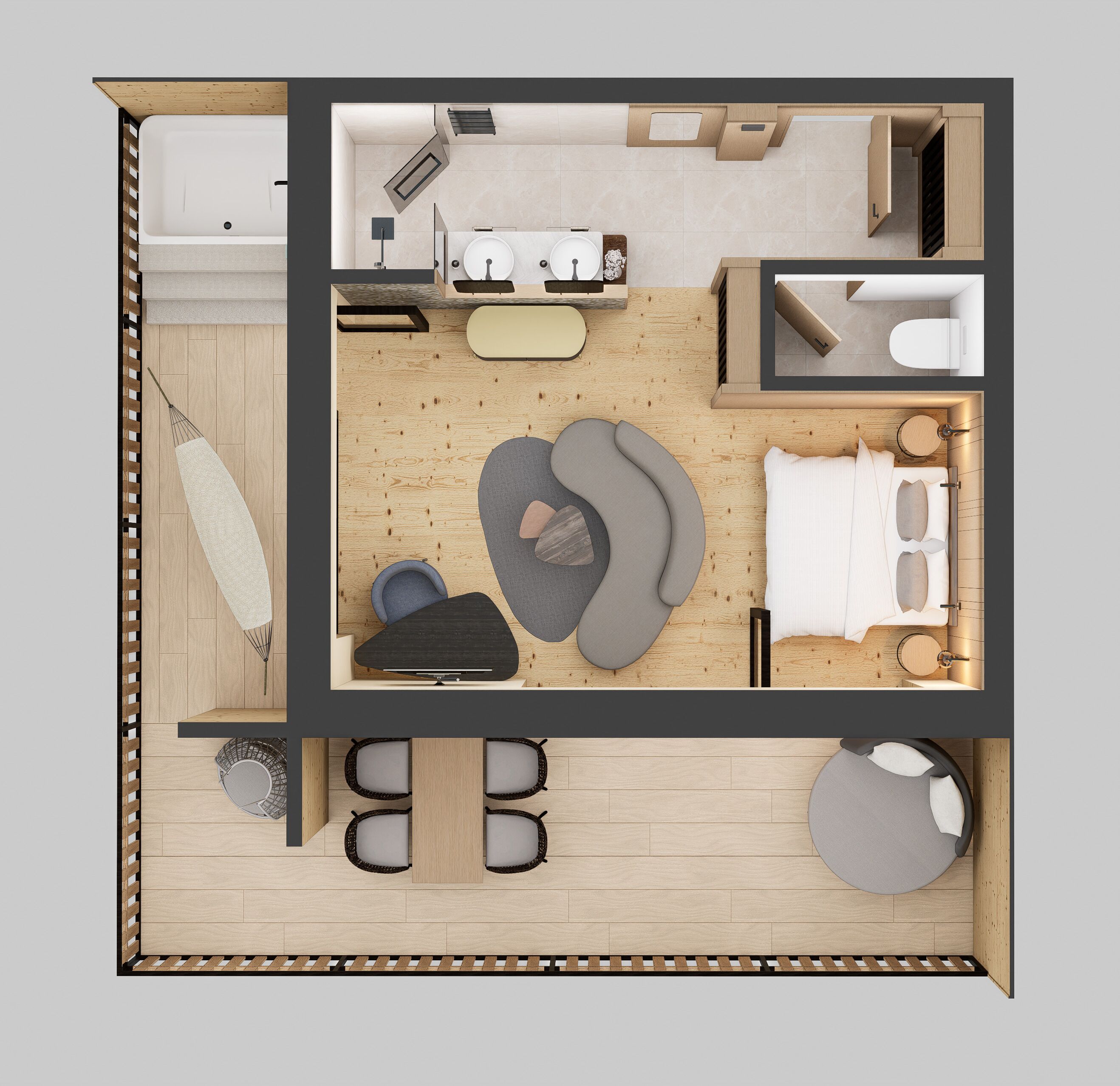 A modern interior with a living area, dining space, and a bathroom.