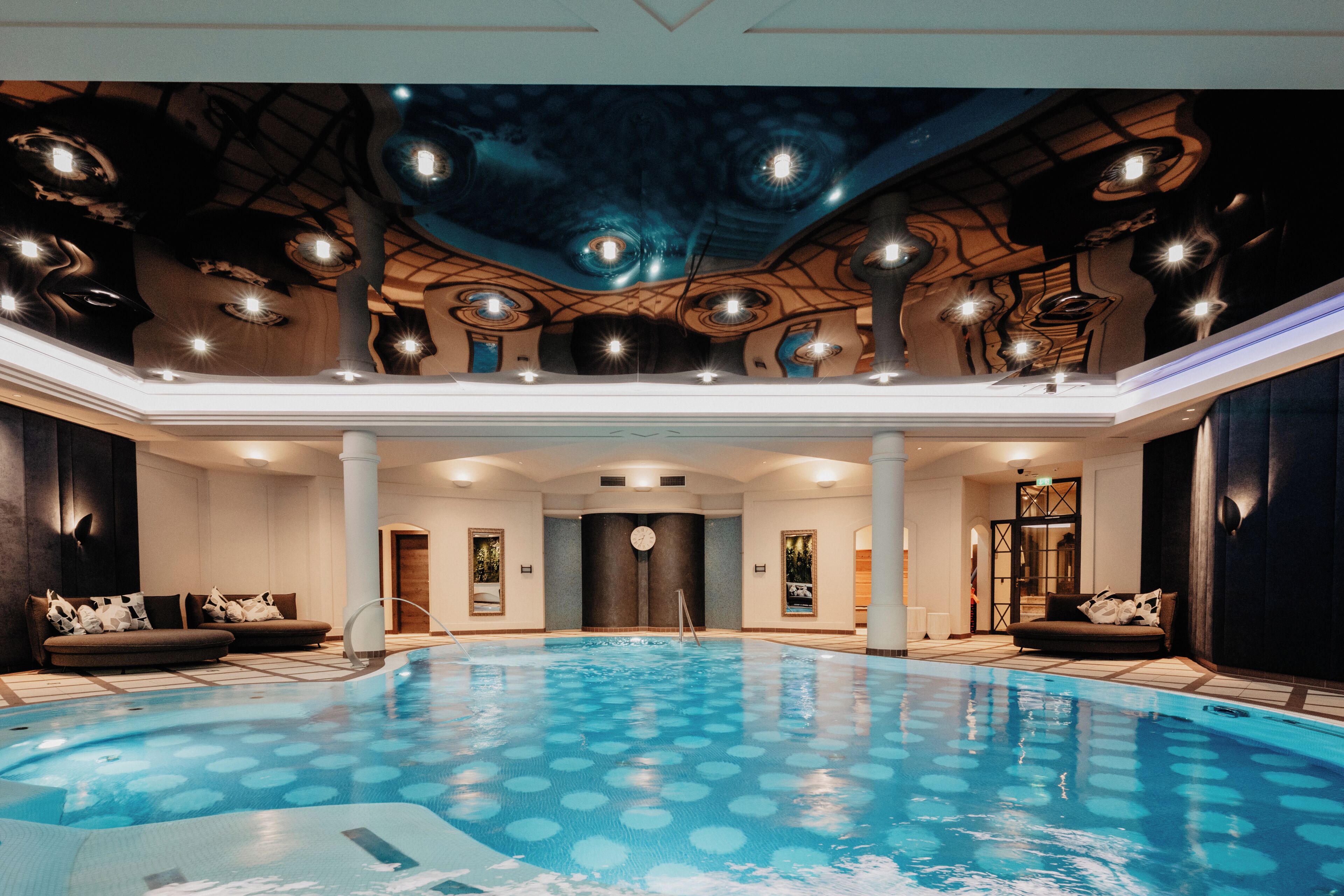 Indoor pool, outdoor pool, pool umbrellas, sun loungers