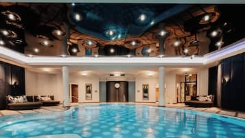 Indoor pool, outdoor pool, pool umbrellas, pool loungers