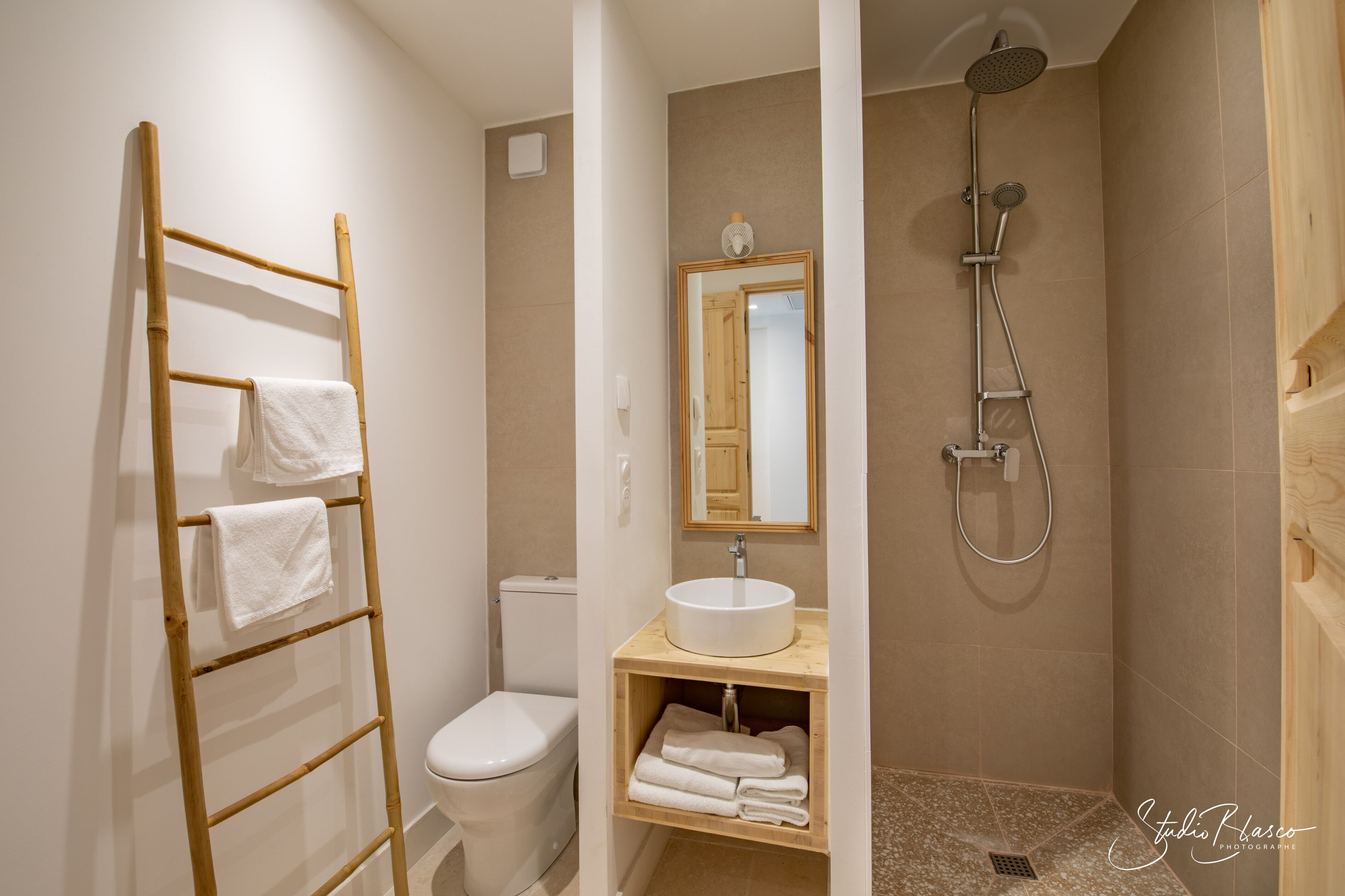 A bathroom with a toilet, a sink with a mirror, a shower, and a towel rack.