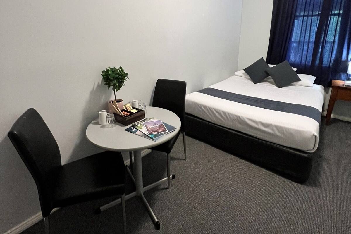 A hotel room with a bed, a small table with a chair, a plant, and a window with curtains.