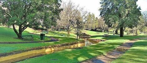 A park with a paved path, benches, and trees.