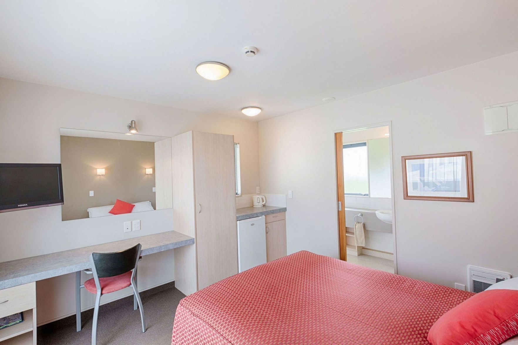 Desk, laptop workspace, blackout drapes, soundproofing