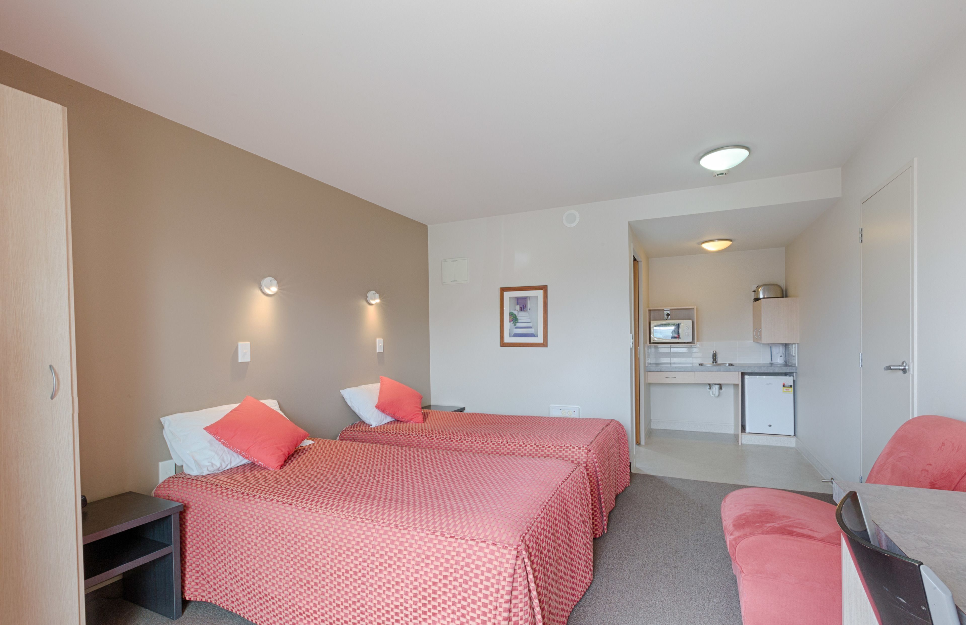 Desk, laptop workspace, blackout drapes, soundproofing