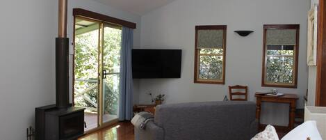 Una habitación con chimenea, cama, televisor y vistas al exterior.