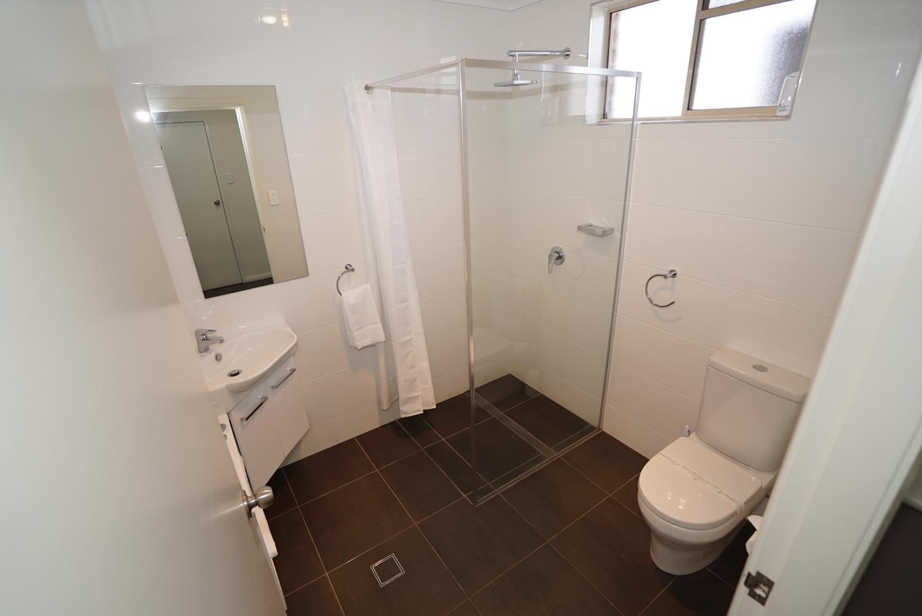 A bathroom with a shower, toilet, sink, and a mirror.