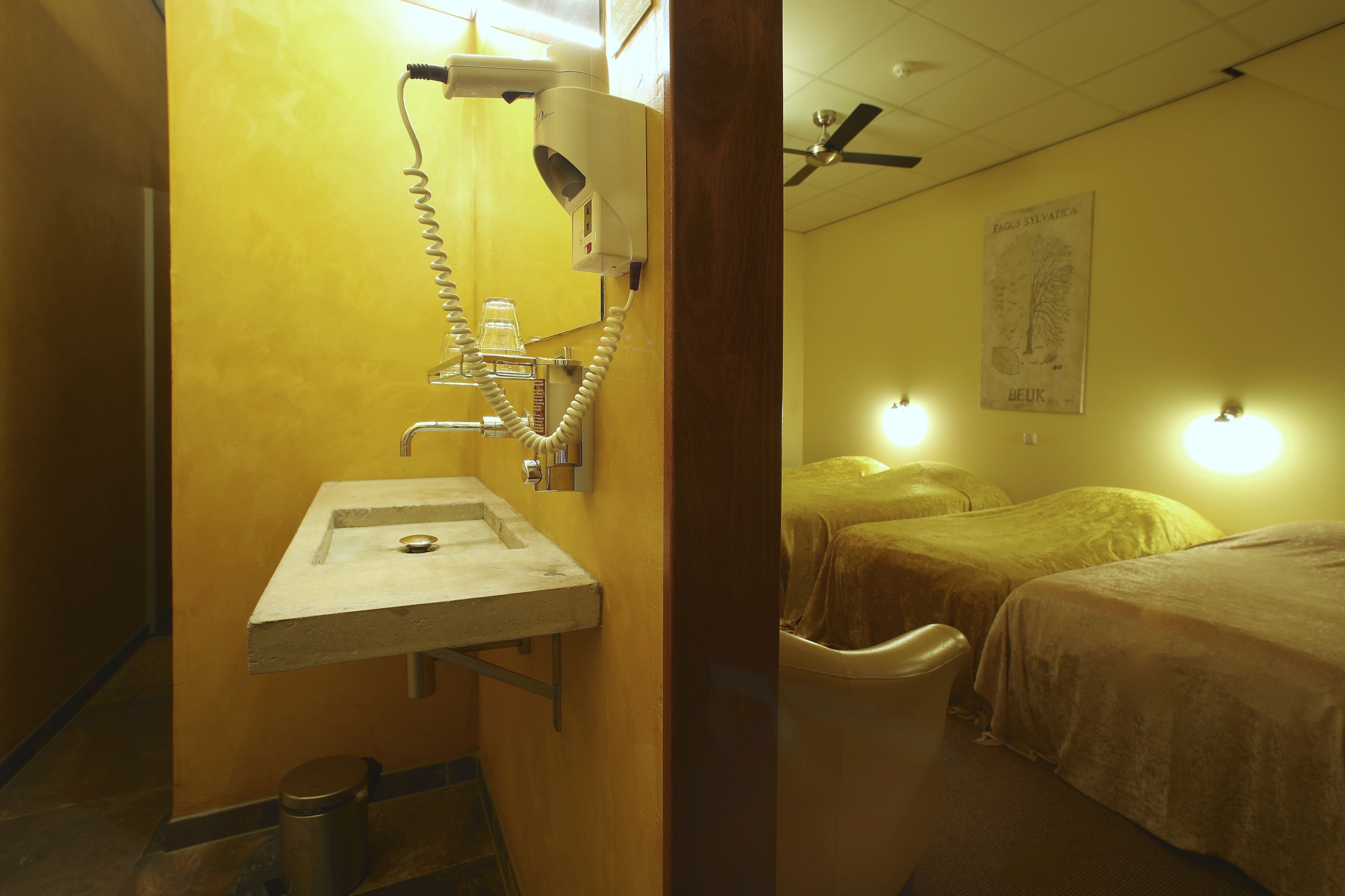 A bathroom with a sink, hairdryer, and towel rack. There are two beds with headboards and a poster on the wall.