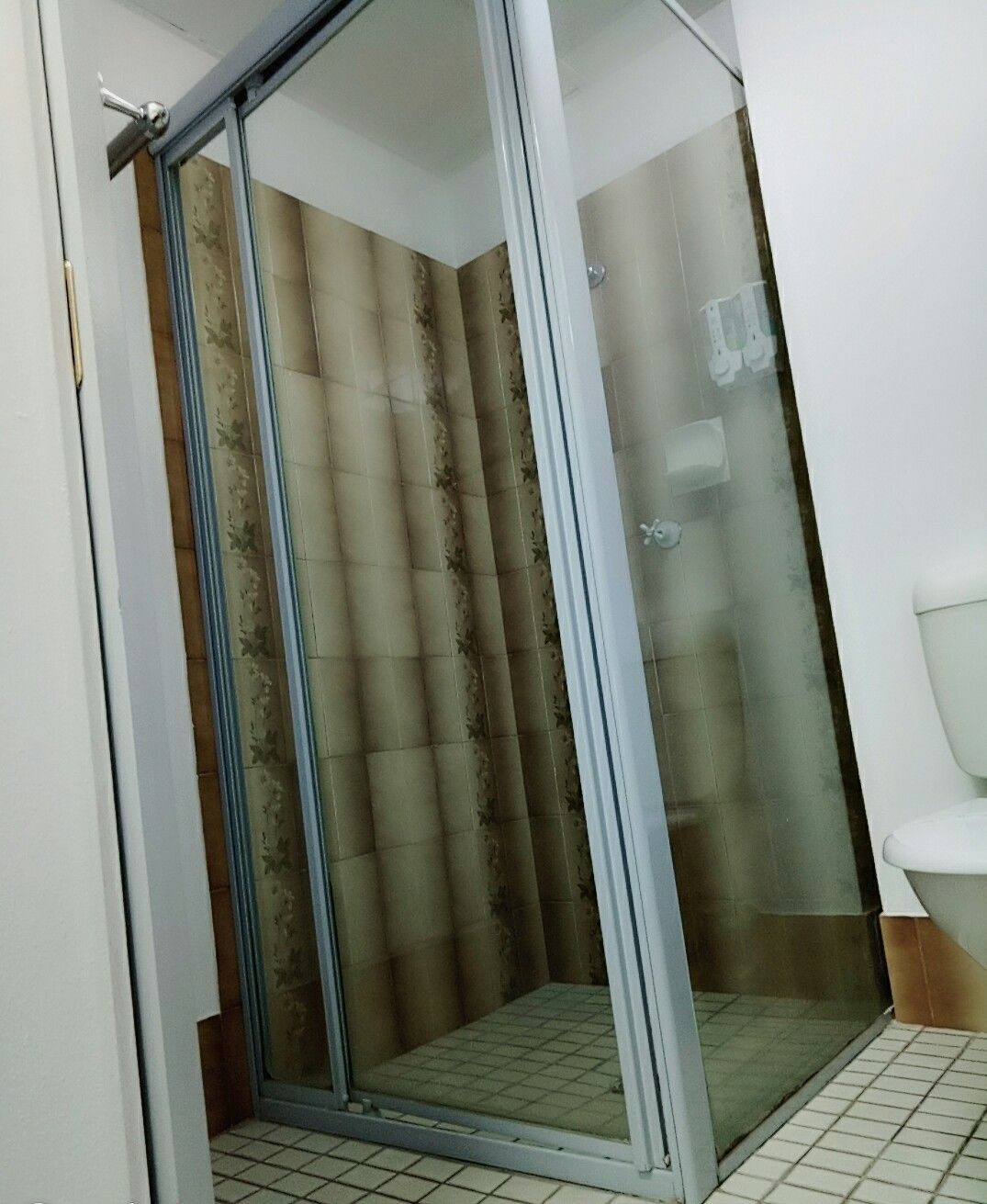 A shower area with a glass door and a tiled floor.