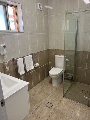 Shower, hair dryer, towels